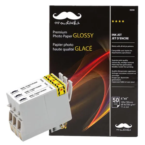 Moustache Compatible Epson T060120BK Black Ink Cartridge w/50 Sheets Photo Paper 4"x6"