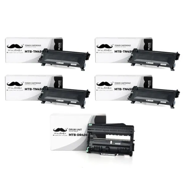 Moustache Compatible Brother TN450 DR420 Black Toner Cartridge 4 Packs & Drum Combo
