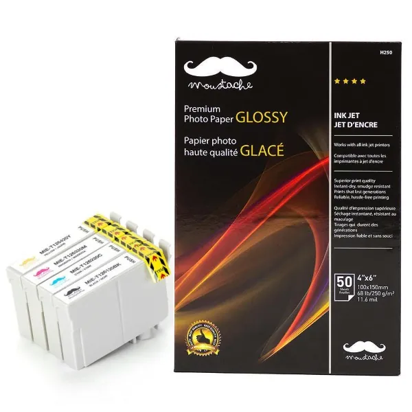 Moustache Compatible Epson 126 / T126 BK/C/M/Y High Yield Ink Cartridge w/Premium Photo Paper Glossy